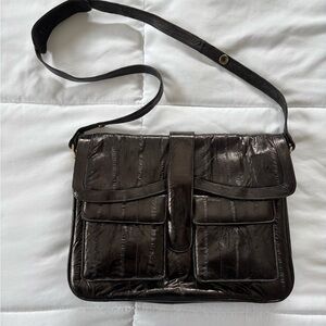 Vintage Genuine Eel Skin Leather Shoulder Bag Black Structured Satchel 90s